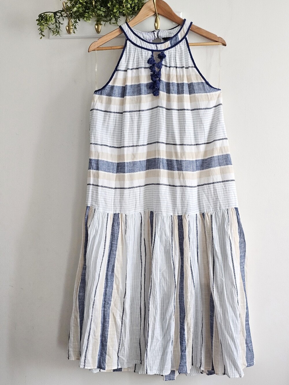 Mlle Gabrielle Cotton Striped Midi Dress M Blue Beige Tassel Boho Coastal